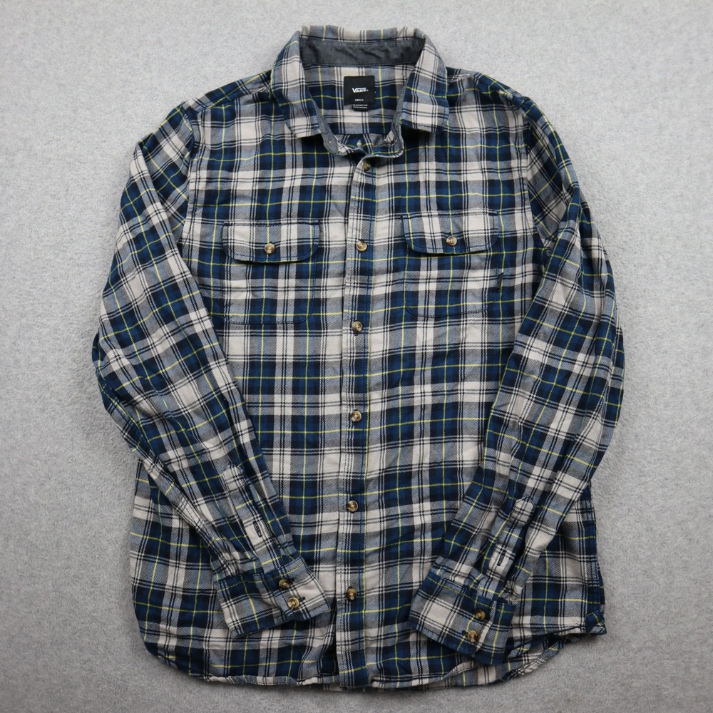 Vans Shirt Mens Small Classic Fit Blue Grey Plaid Long Sleeve Cotton Flannel